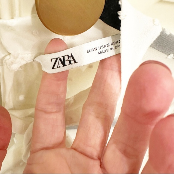 Zara Womens White Cream Swiss Dot Semi Sheer Tiered Ruffle Pussybow Tie Neck Top - Picture 5 of 13